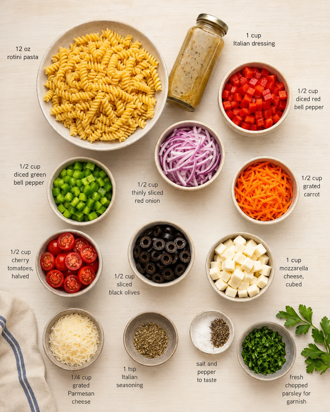 Overhead view of pasta ingredients arranged in bowls with dressing, cheese, and chopped vegetables.