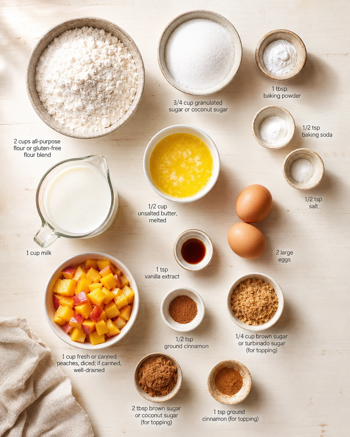 Overhead view of peach baking ingredients arranged in bowls on a light wooden surface.