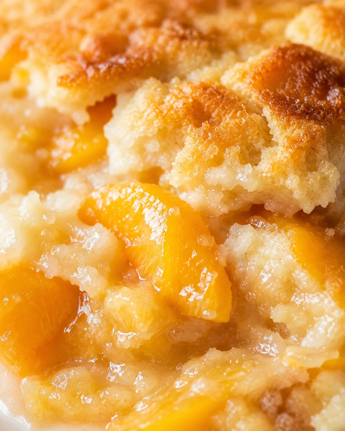 close-up of peach cobbler with golden crumb topping and juicy peach filling