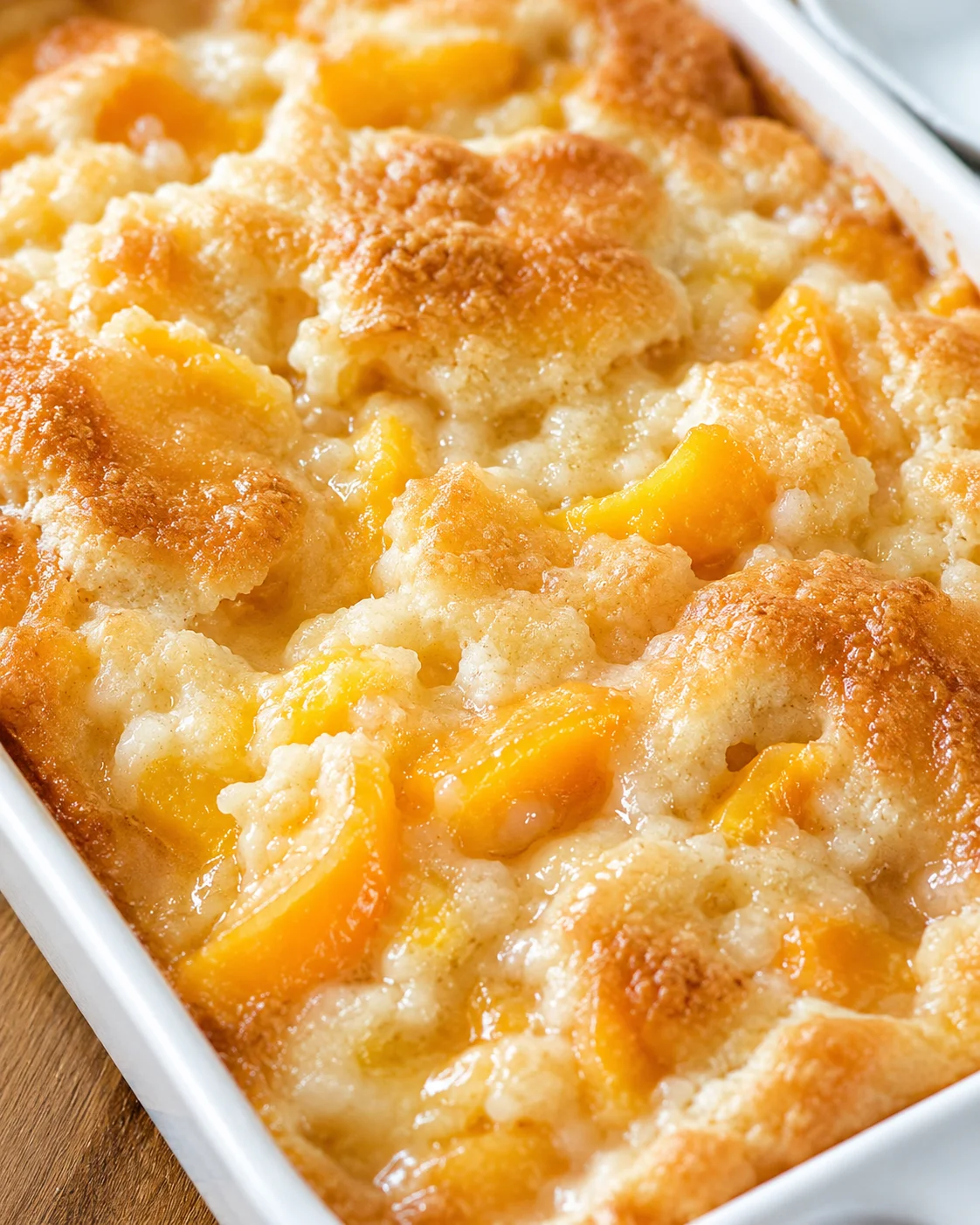 golden-brown peach cobbler with visible peach slices in a white baking dish