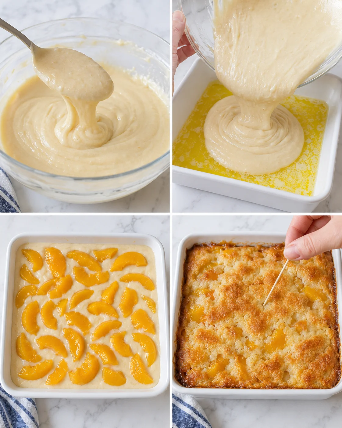 four-panel collage showing peach cobbler batter being prepared, poured, topped with peach slices, and baked to golden crust