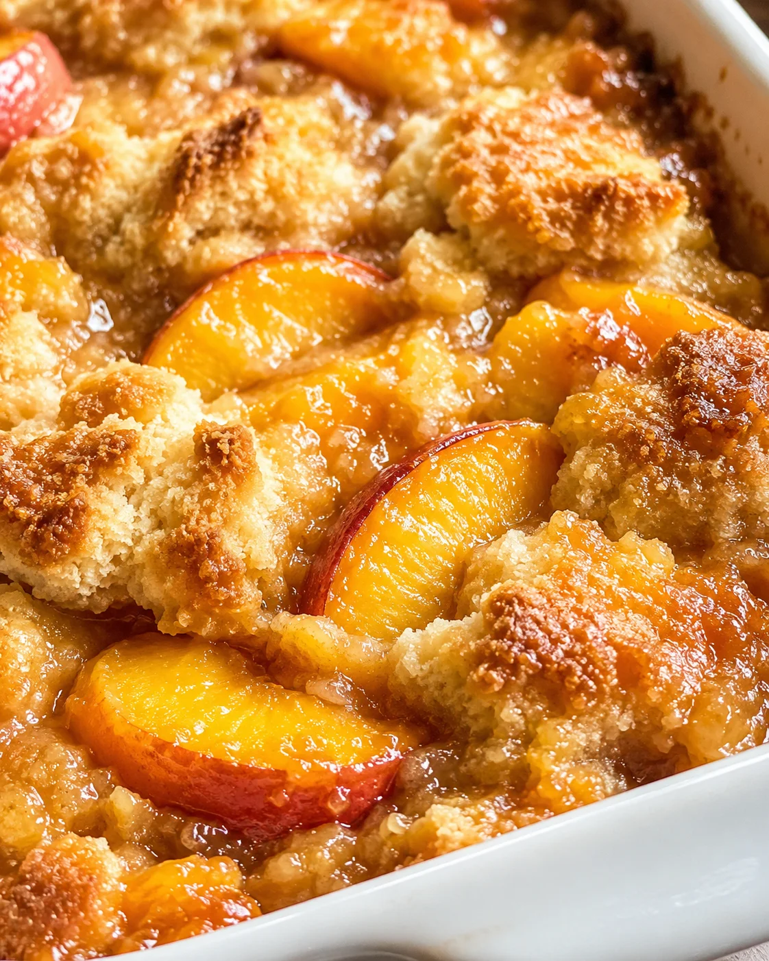 Close-up of peach cobbler in a white baking dish with a golden-brown crumb topping and peach slices.