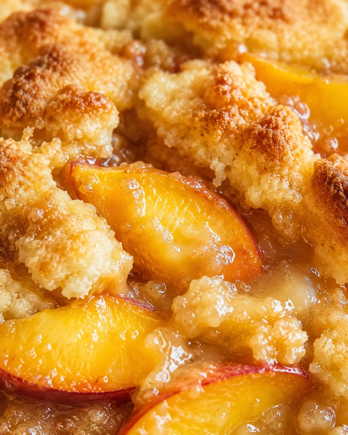 Close-up of peach cobbler with a golden-brown crumb topping and juicy peach slices in syrup.