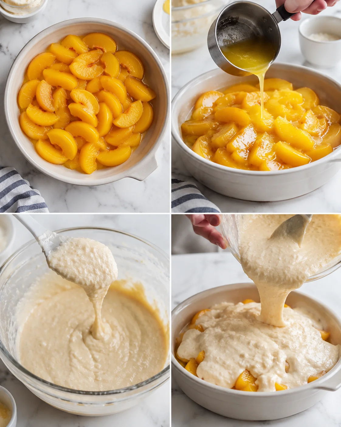 collage showing peach slices in a pot, syrup being poured, batter in a bowl, and batter poured over peaches