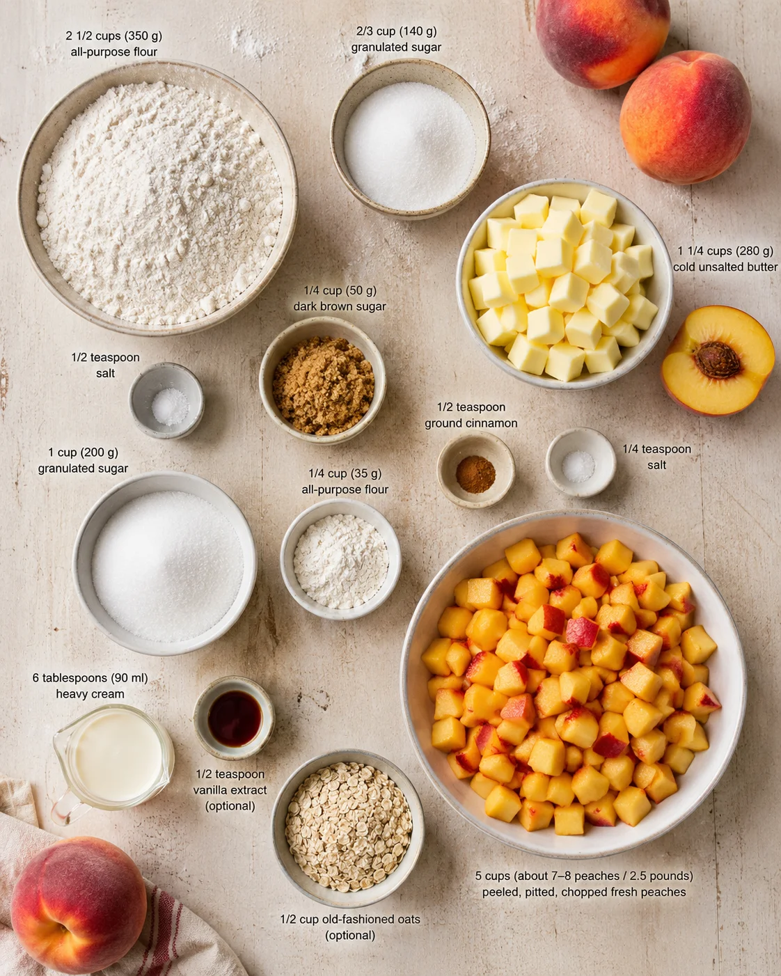 Top-down view of peaches, flour, sugar, butter, oats, and spices arranged for peach cobbler.
