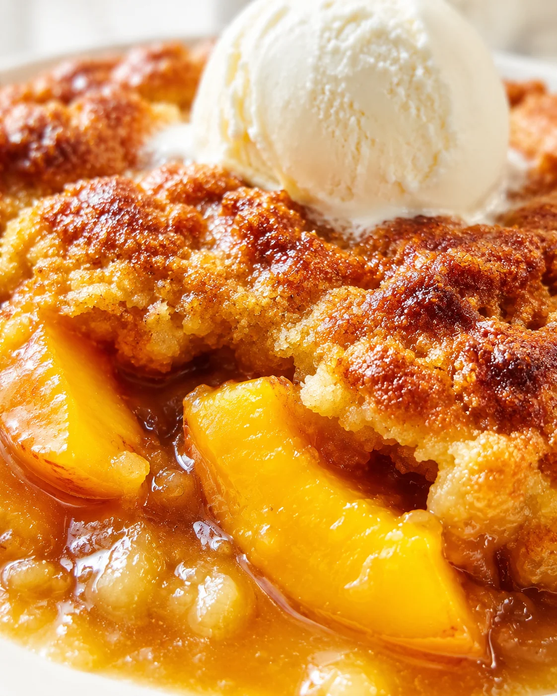 Close-up of peach cobbler with a scoop of vanilla ice cream on a white plate.