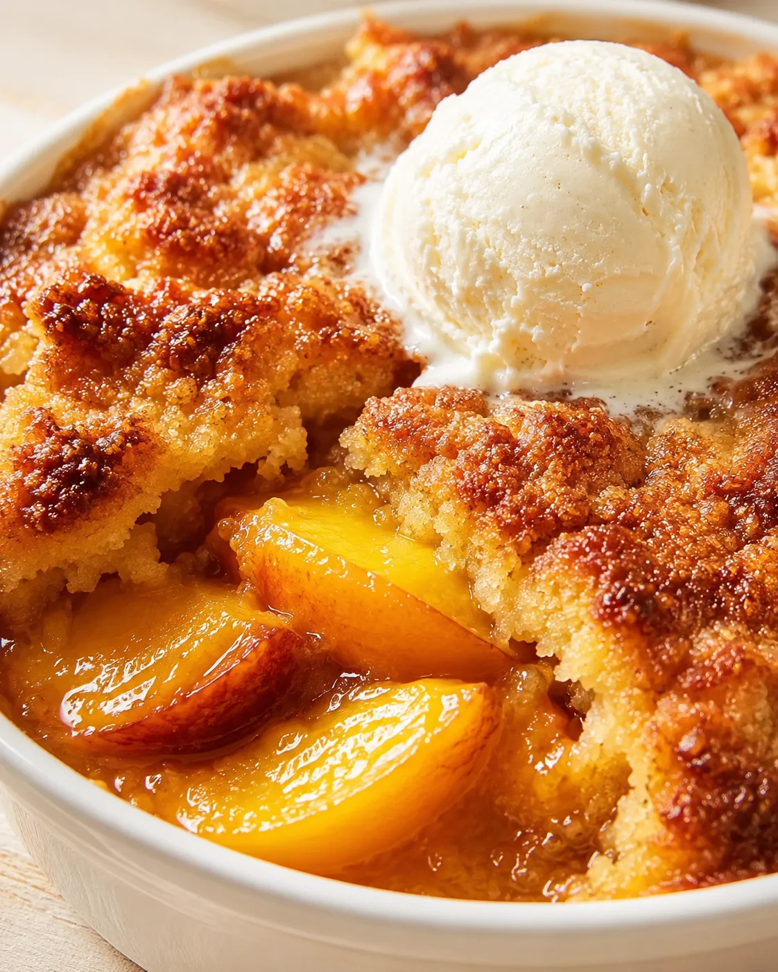 Golden peach cobbler with a scoop of vanilla ice cream in a white ceramic dish.