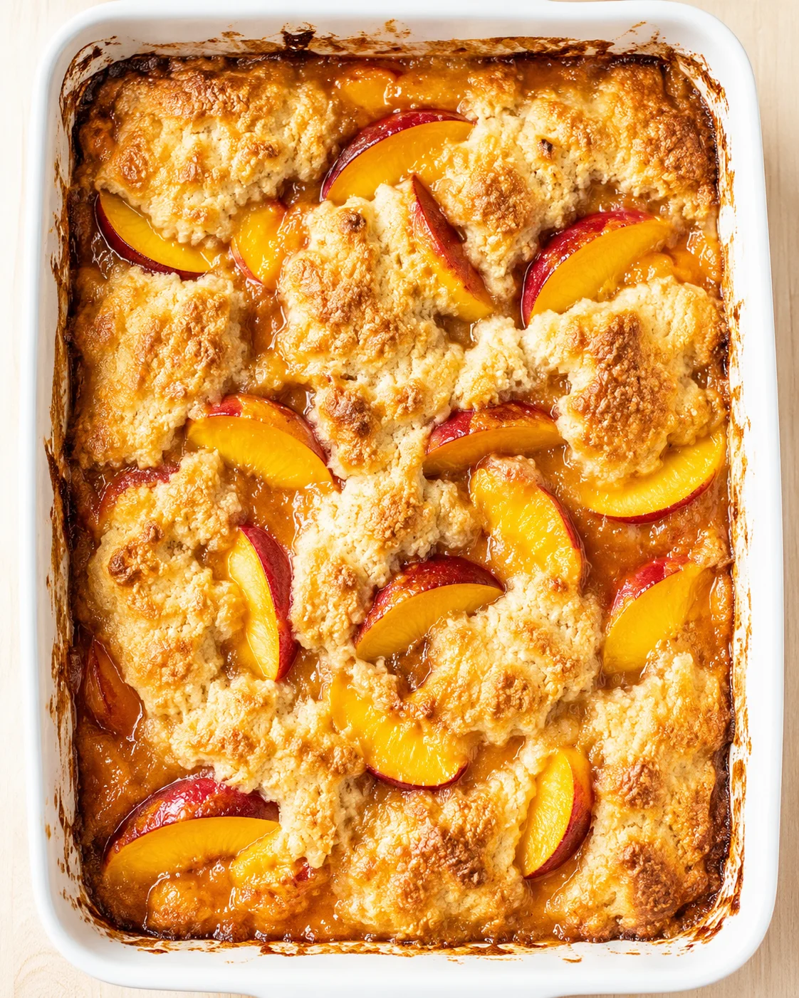 golden-brown peach cobbler with a crumbly topping in a white baking dish, peach slices visible