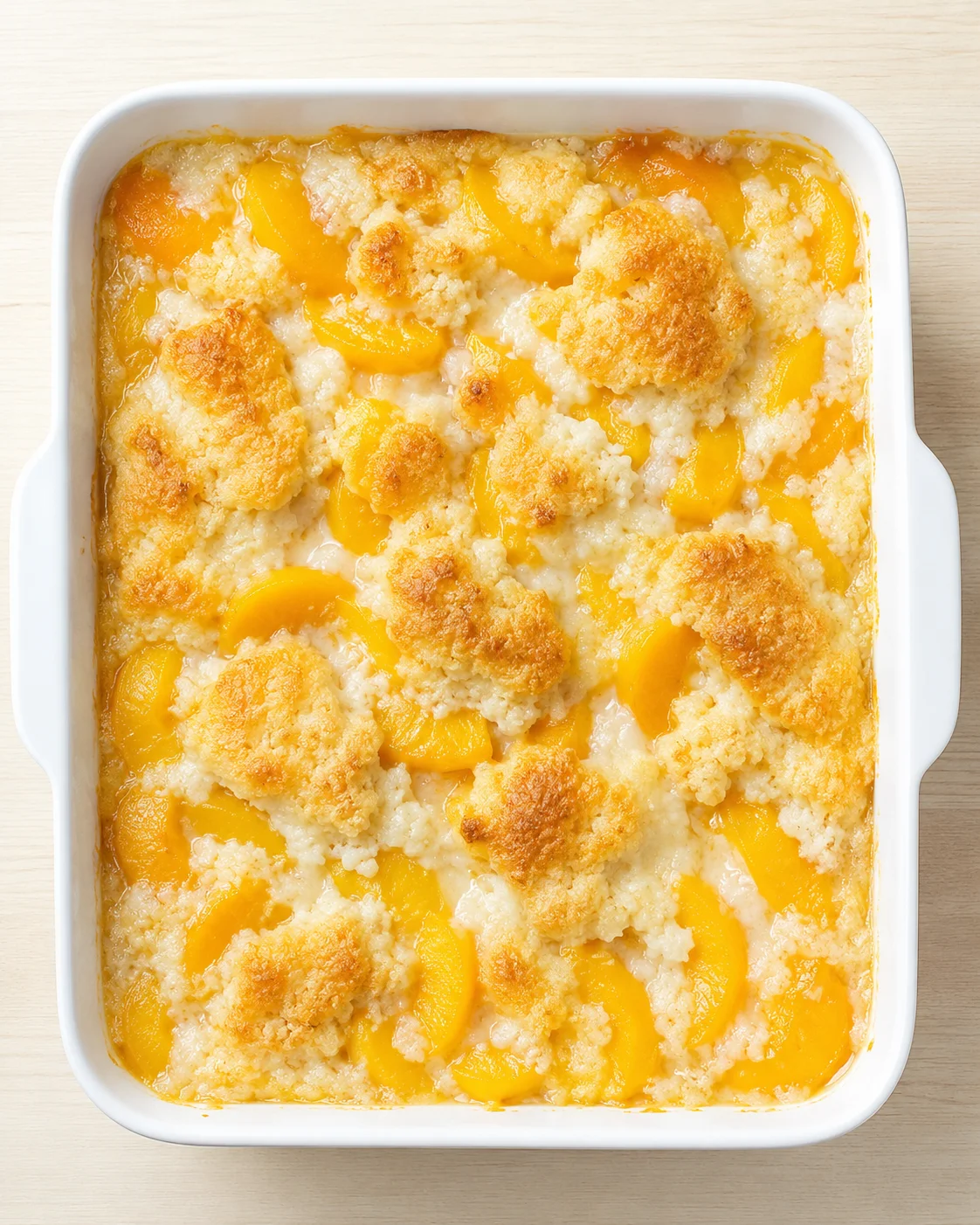 white baking dish filled with peach cobbler topped with golden crumbs and peach slices