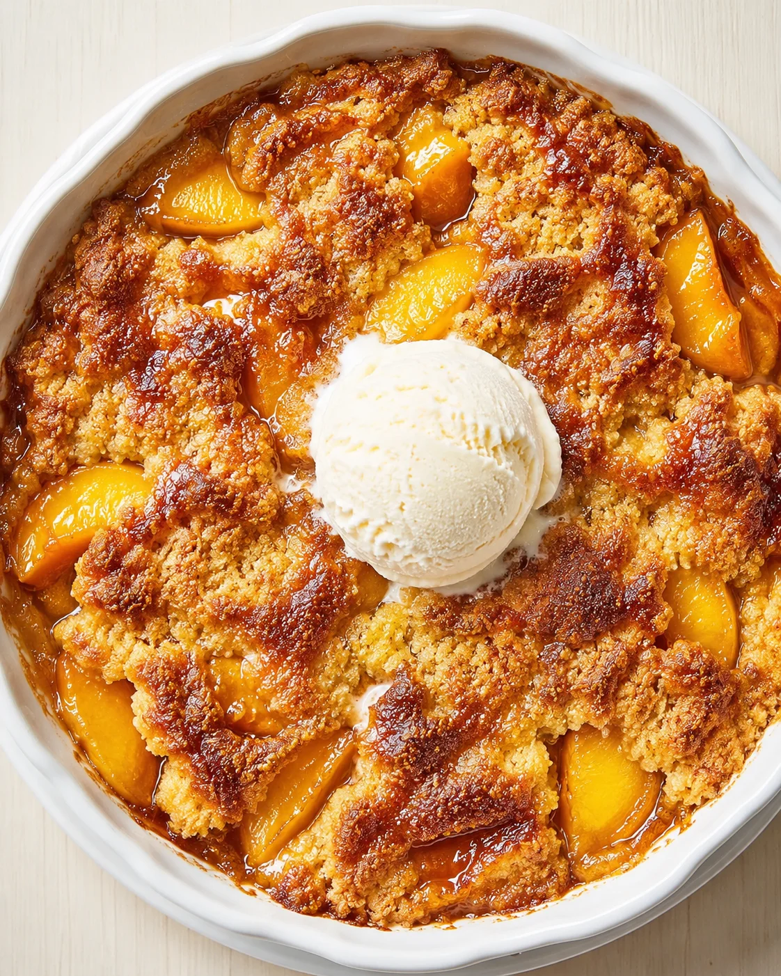 top-down view of peach cobbler in a white dish with vanilla ice cream