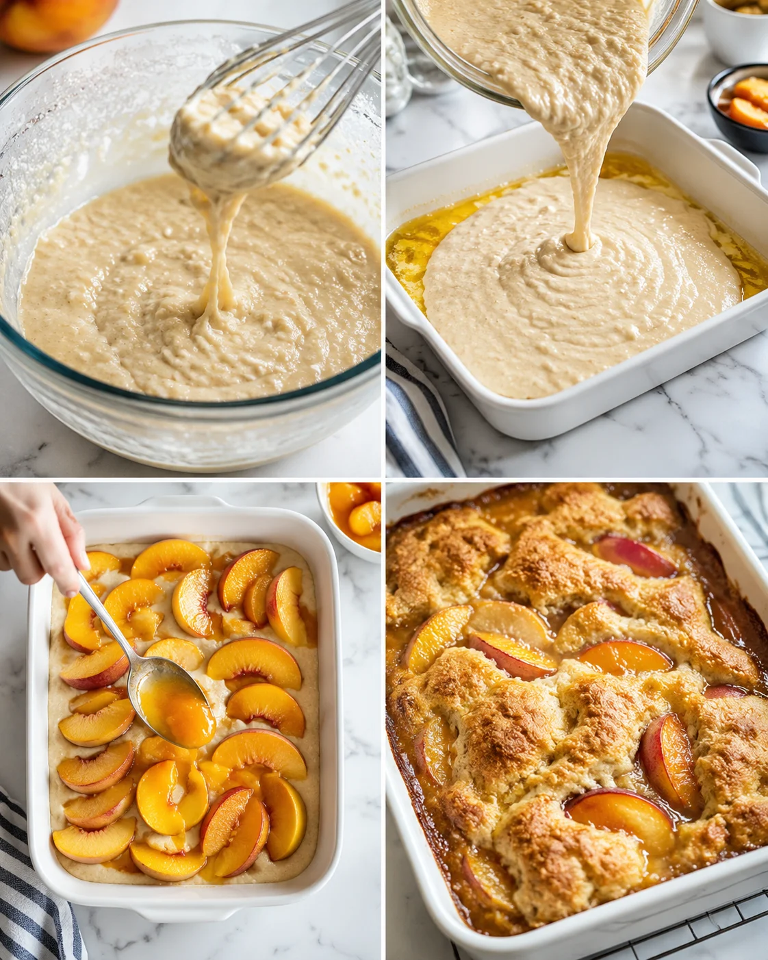 collage of peach cobbler steps: batter whisking, pouring, peach slices arranged, and golden baked cobbler