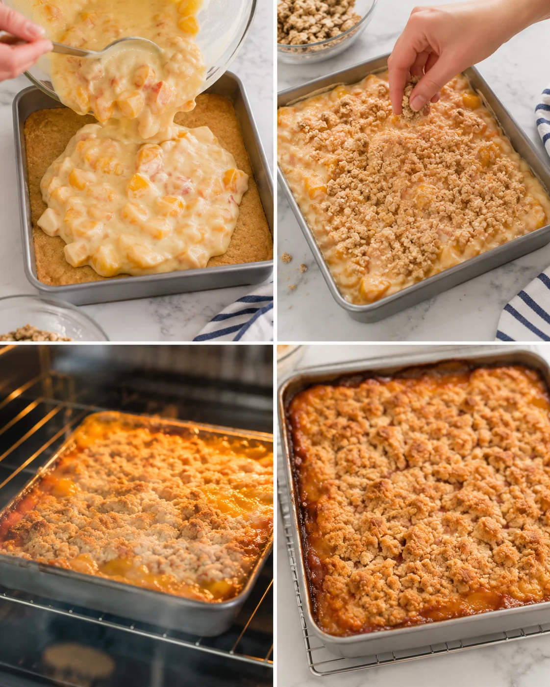 collage showing steps for peach crumble bars: crust, peach filling poured, crumb topping added, baked