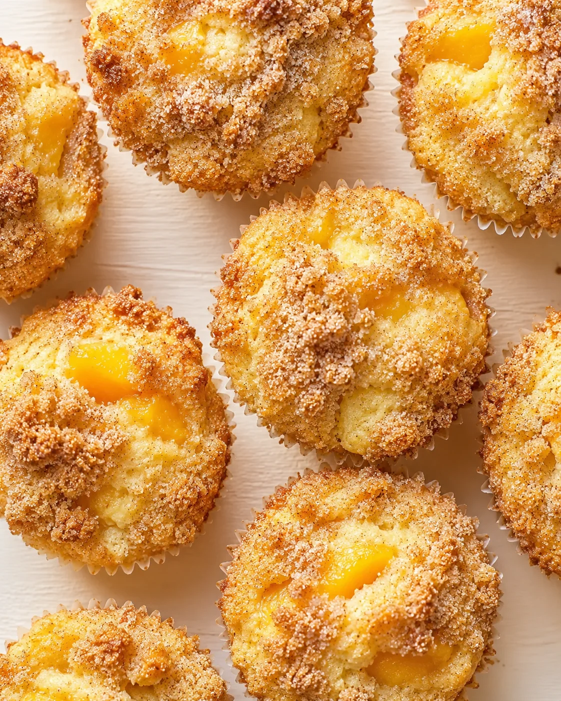 Golden crumble-topped peach muffins in paper liners on a light wooden surface