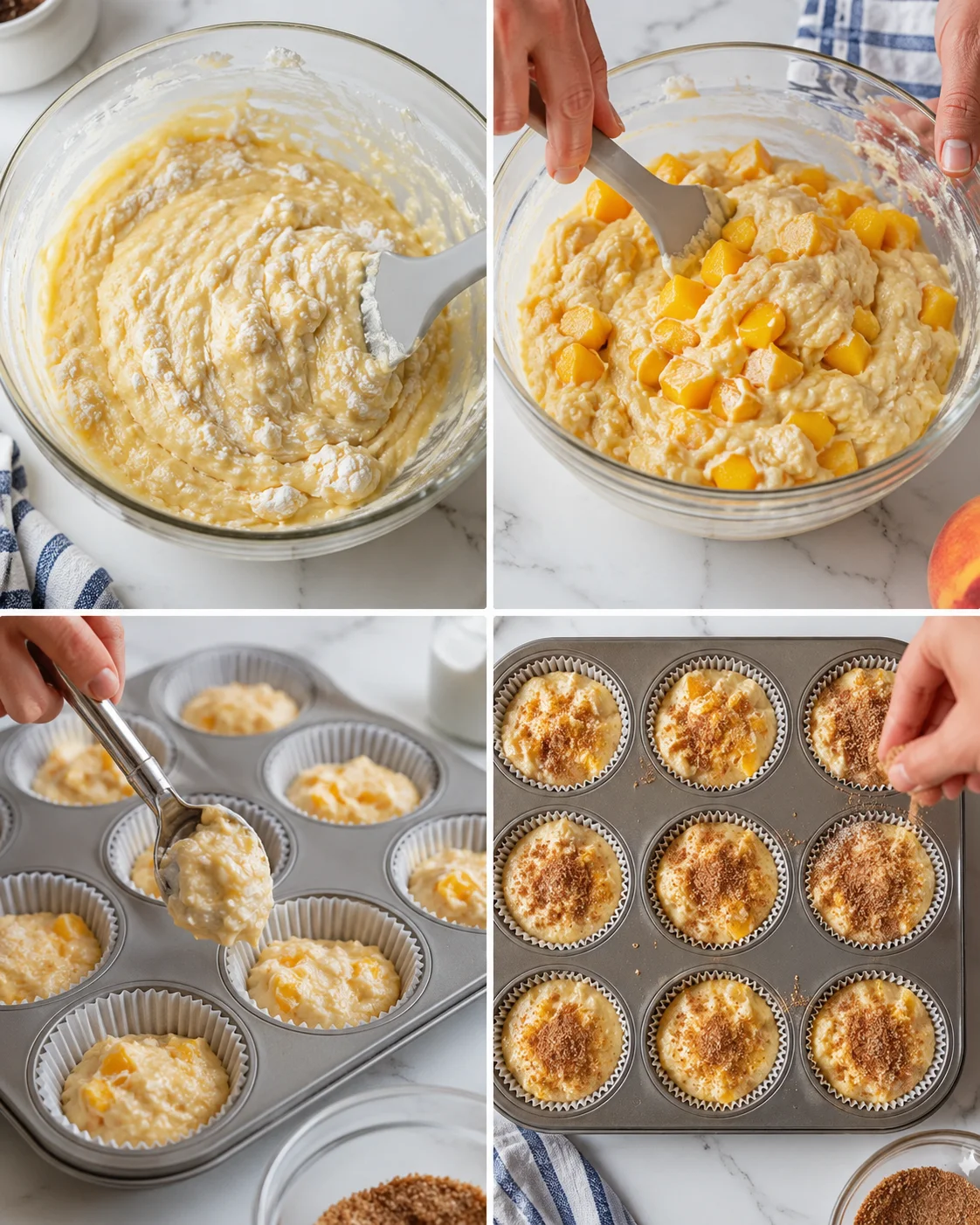 collage showing peach muffin batter preparation: batter in a bowl, peaches folded in, scooped into muffin tins.