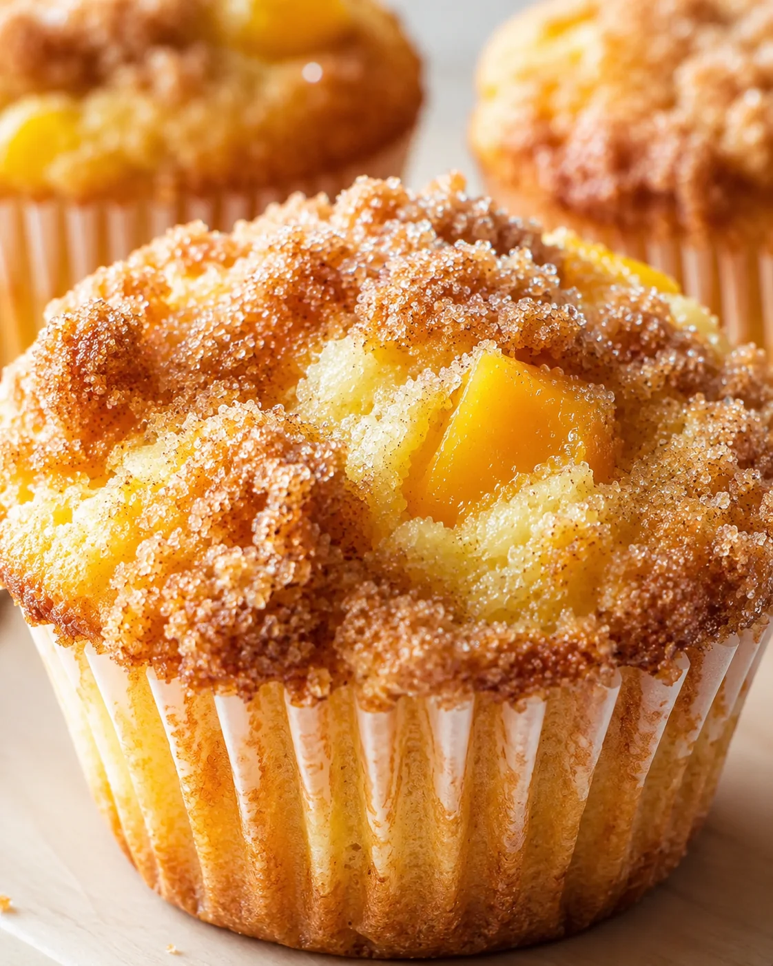 Close-up of peach-streusel muffin with crumb topping in a paper liner.