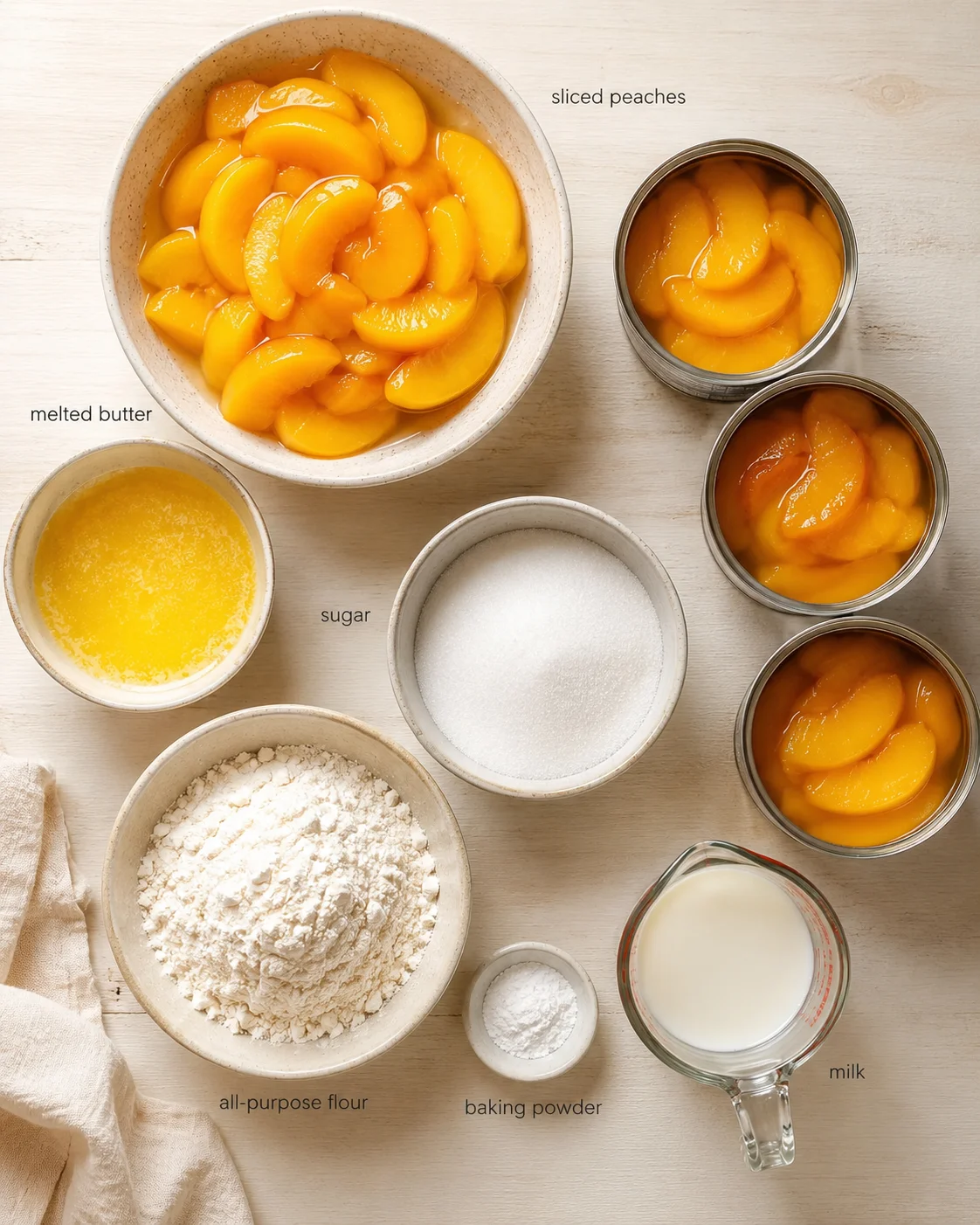 top-down view of peach slices and baking ingredients laid out on a light wooden surface