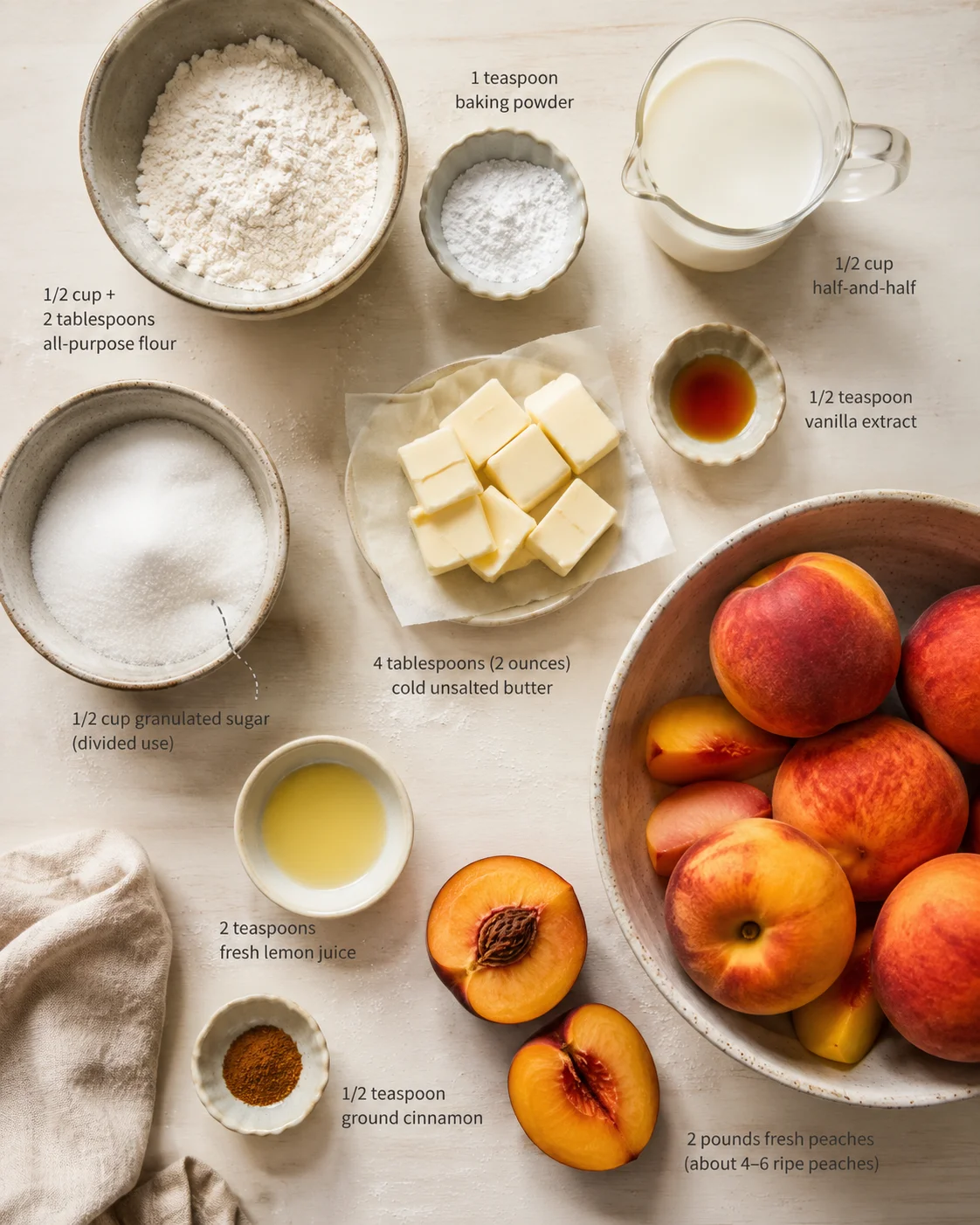Overhead shot of baking ingredients arranged for peach dessert with labeled quantities