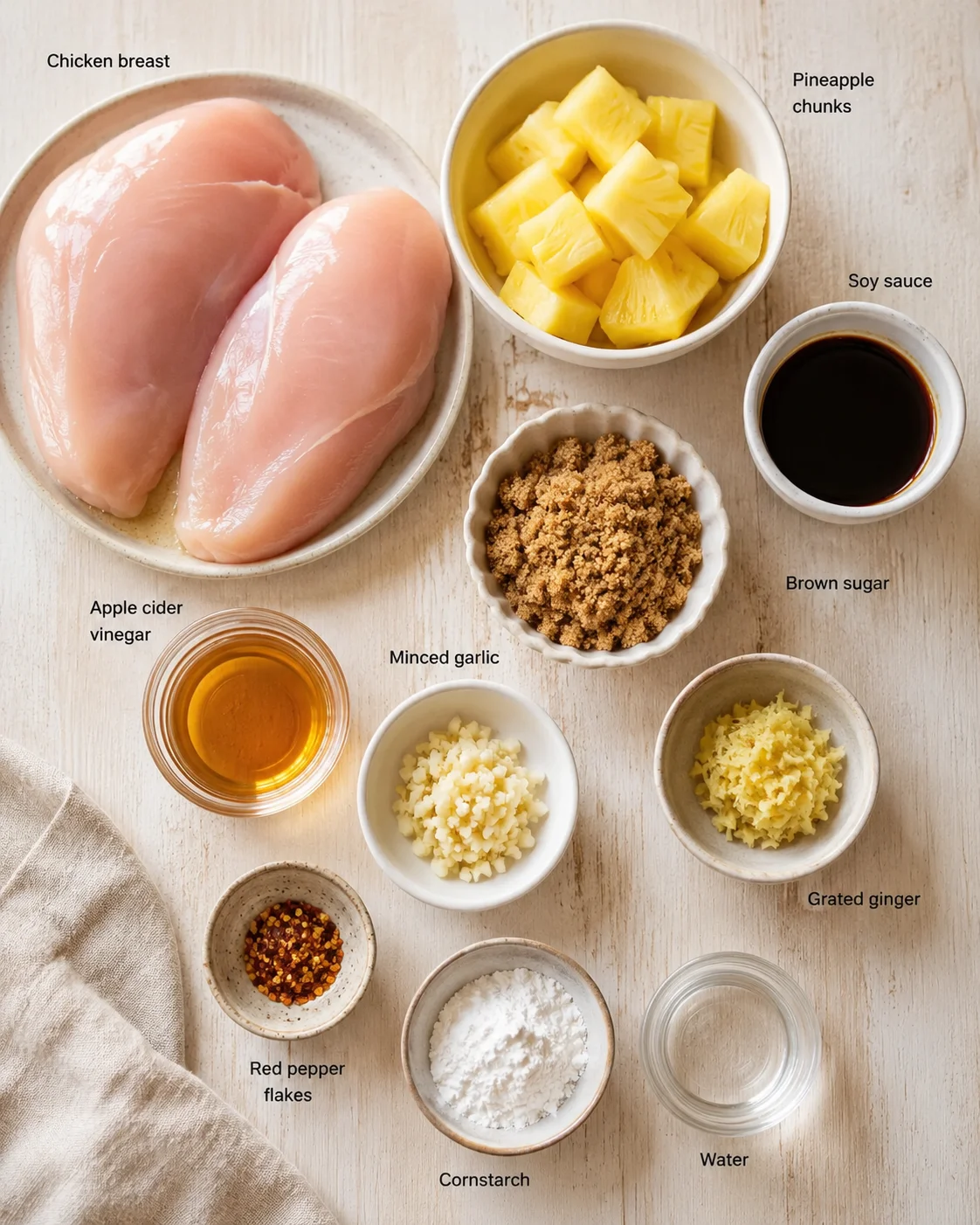 Overhead view of chicken breasts, pineapple chunks, and seasonings laid out for cooking.