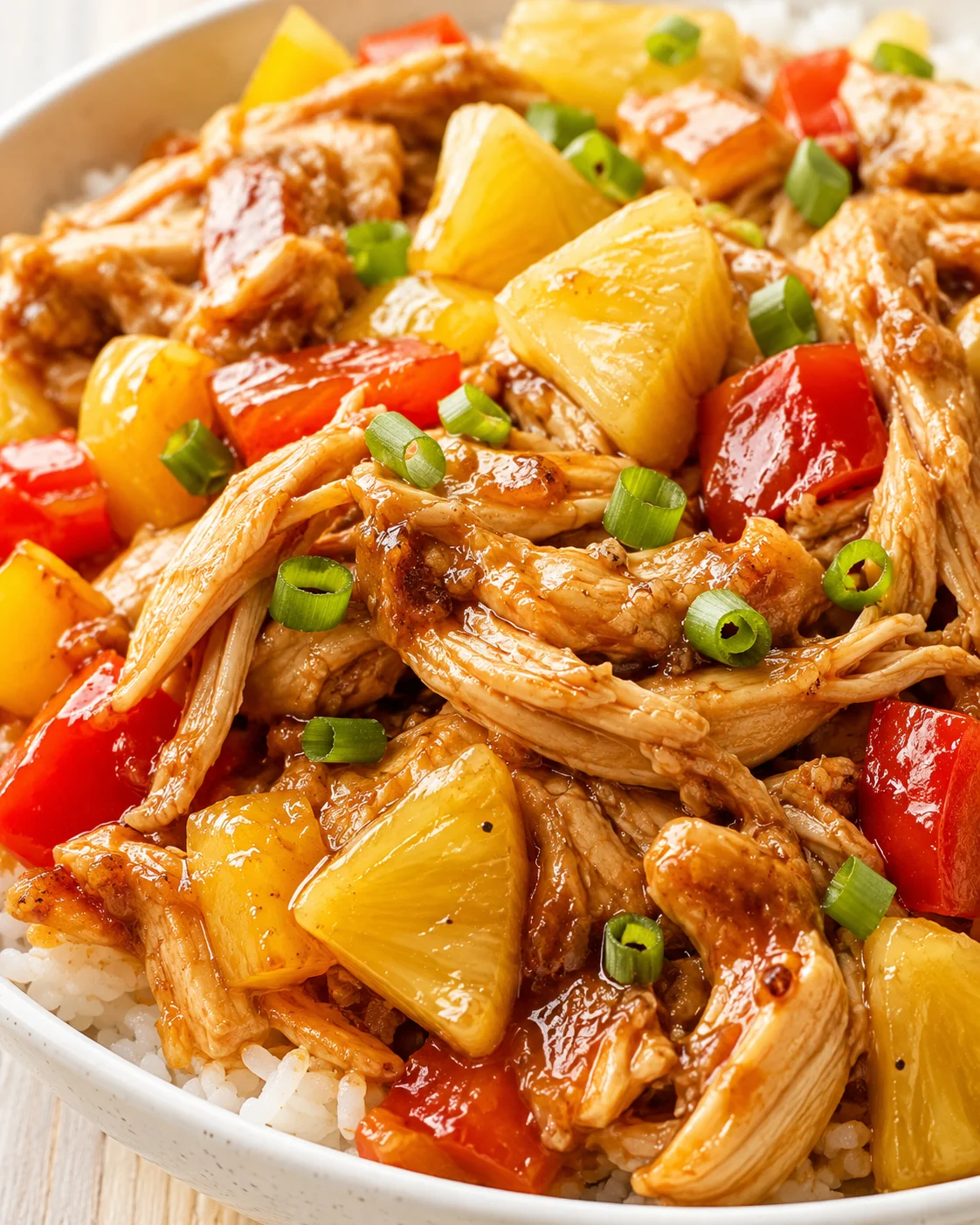 Colorful bowl of glossy chicken, pineapple chunks, red peppers, and green onions over white rice