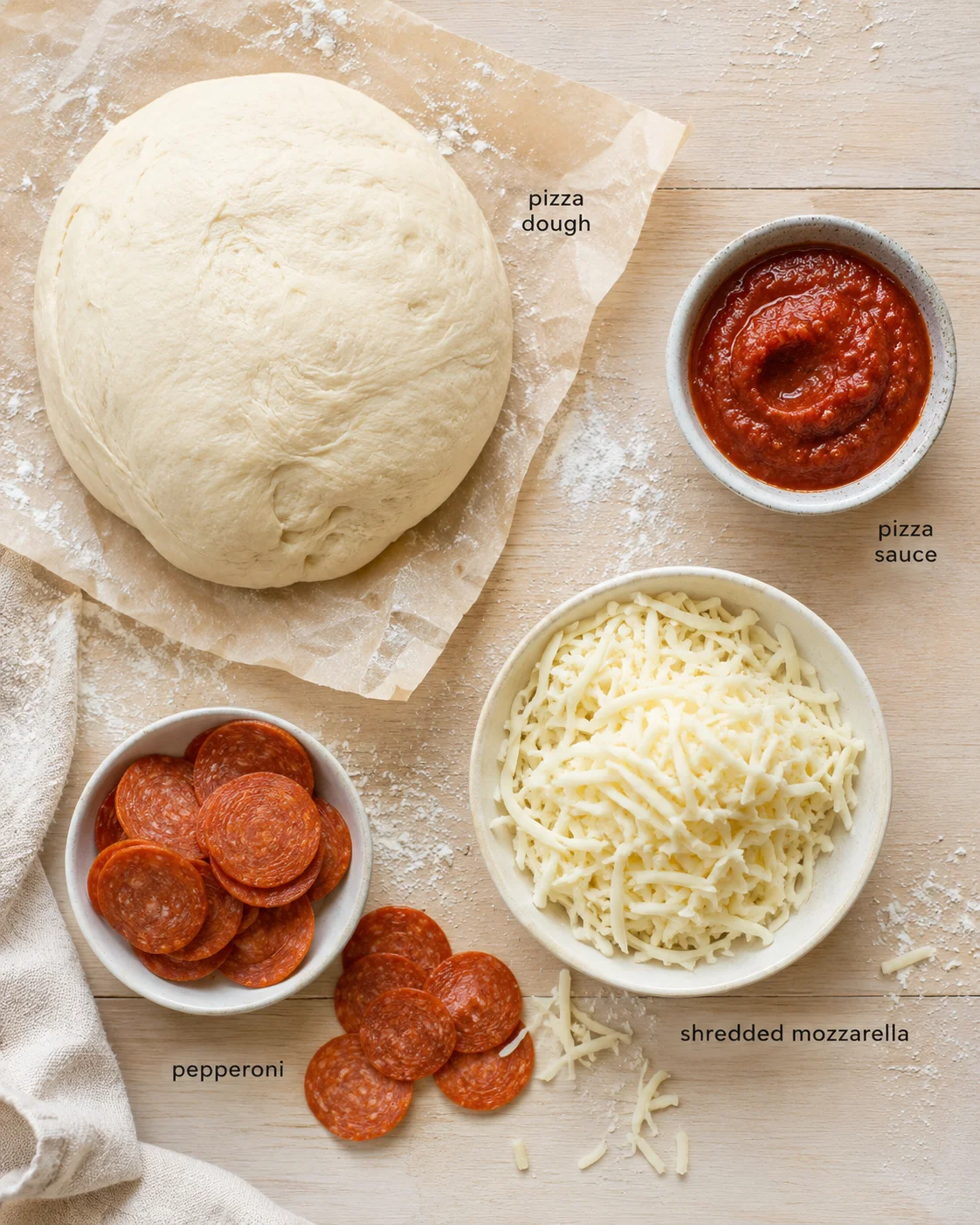 Top-down view of pizza ingredients: dough ball, pepperoni, mozzarella, and sauce on parchment and a wooden surface.