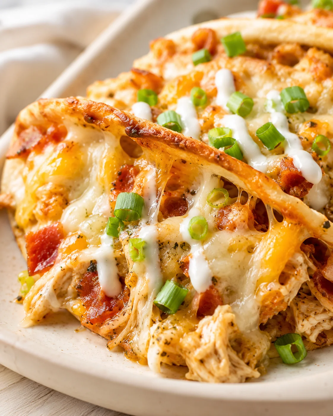 Close-up of melted cheese over nachos with green onions and white sauce on a beige plate.