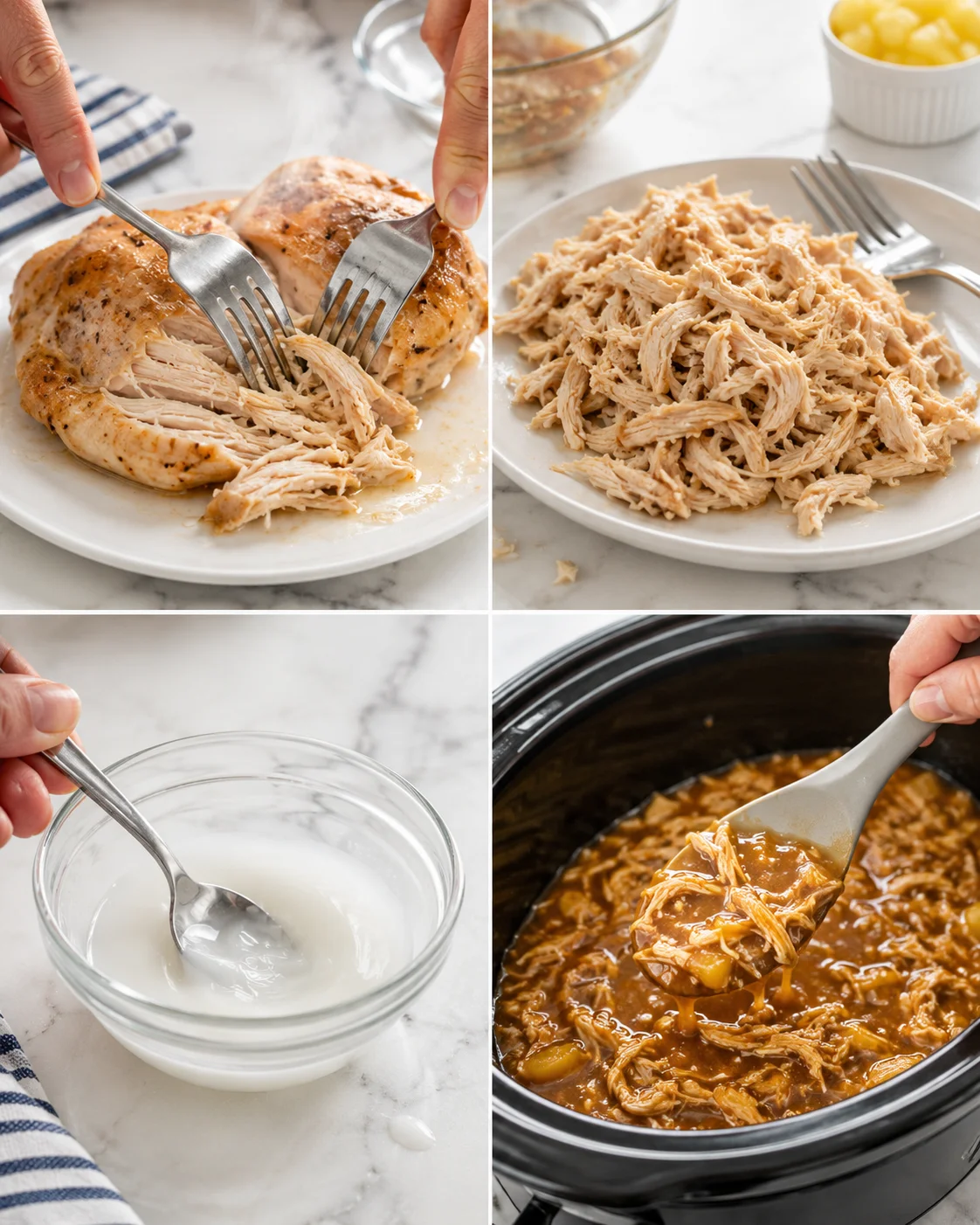 Collage showing steps to prepare pulled chicken: shredding, plating, yogurt sauce, and slow-cooker sauce.
