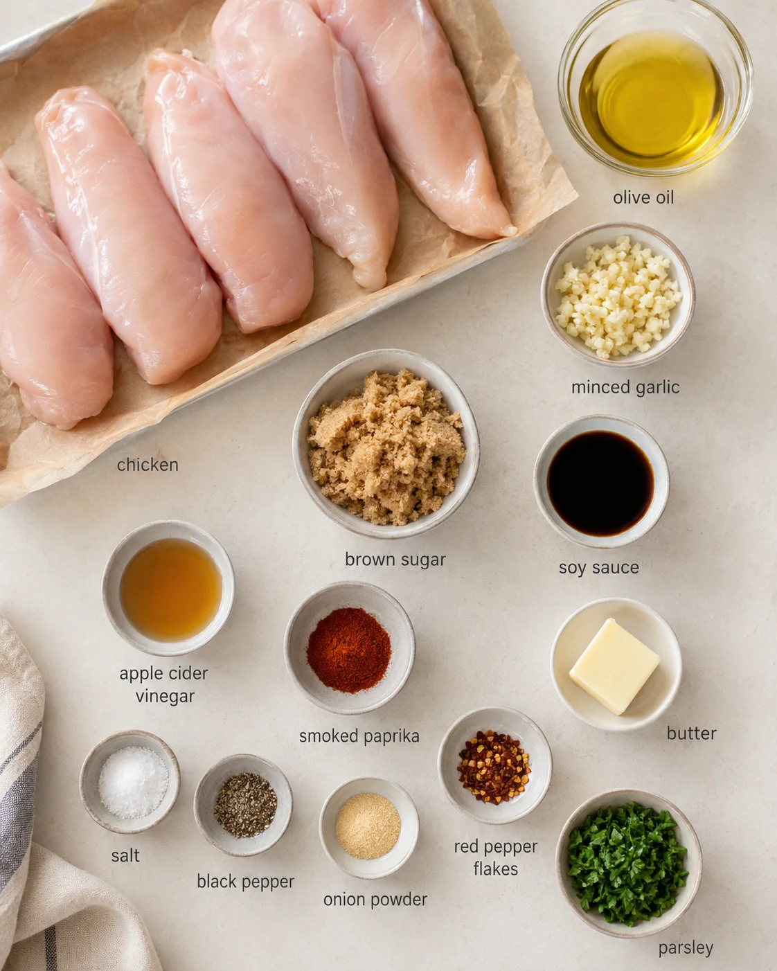 Raw chicken breasts on parchment with bowls of oil, garlic, sugar, and sauces arranged on a light countertop.