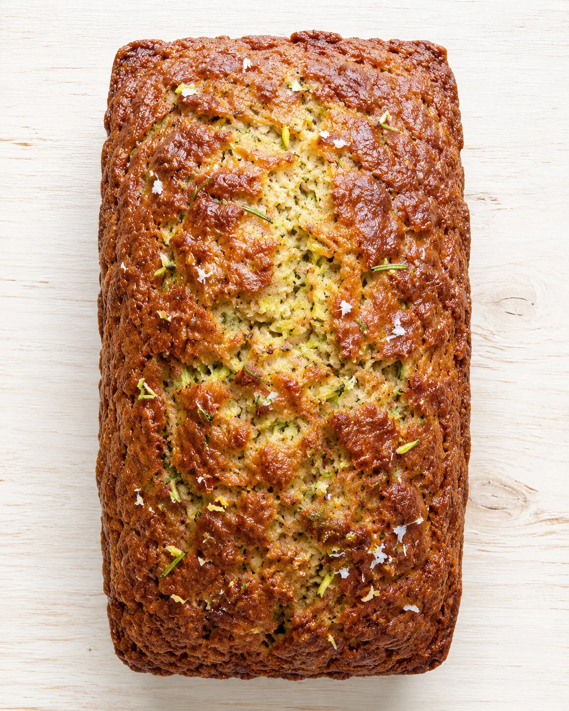 loaf of savory zucchini bread with rosemary and flaky salt on a light wooden board