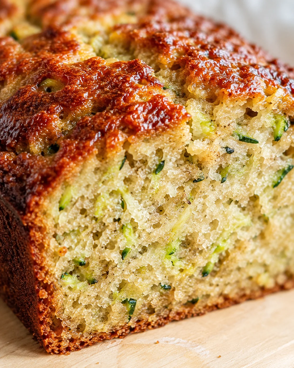 Close-up of a golden-brown zucchini-herb bread slice on a wooden board, speckled with green zucchini bits