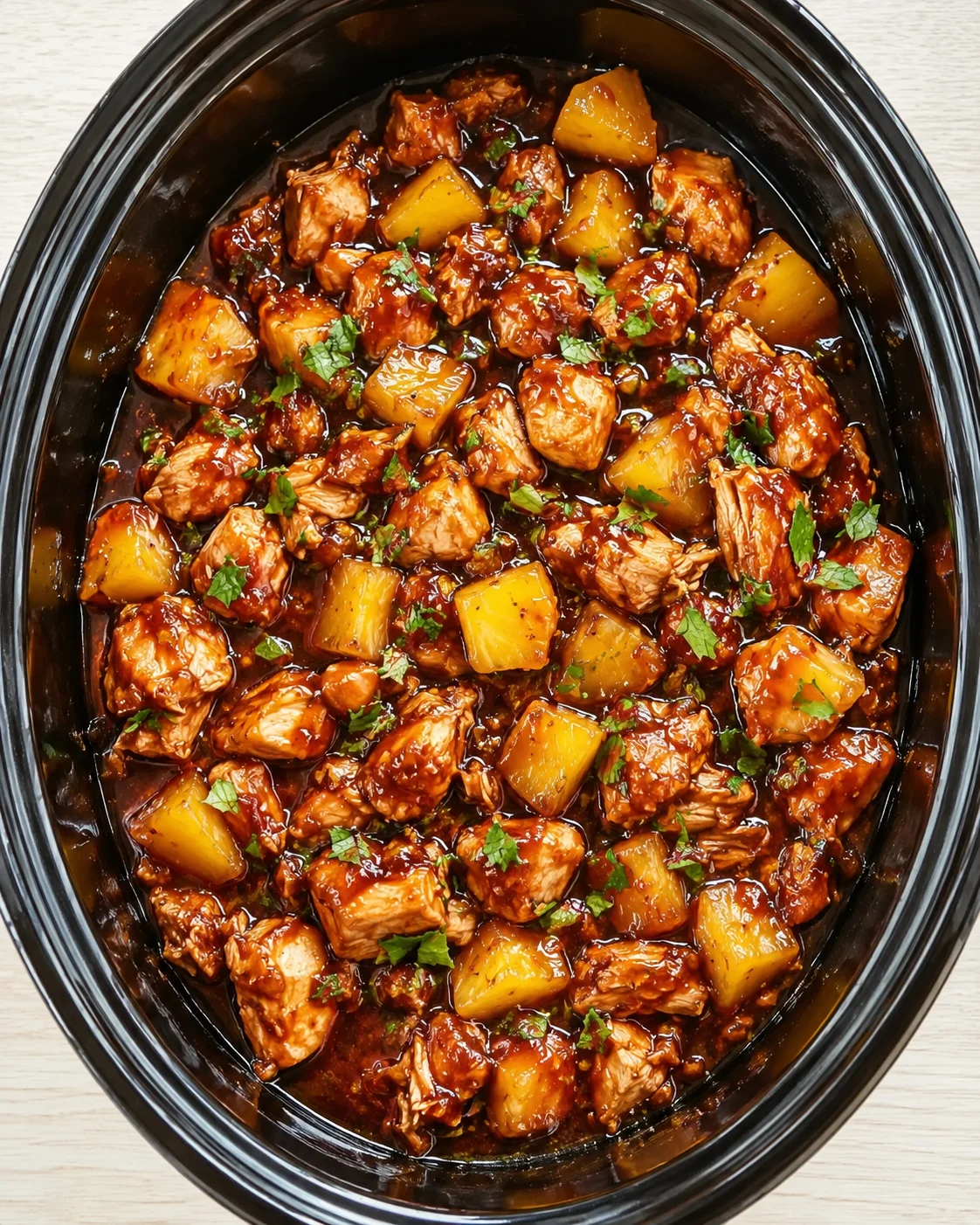Overhead view of a black slow cooker filled with pineapple and chicken in brown sauce, garnished with herbs.