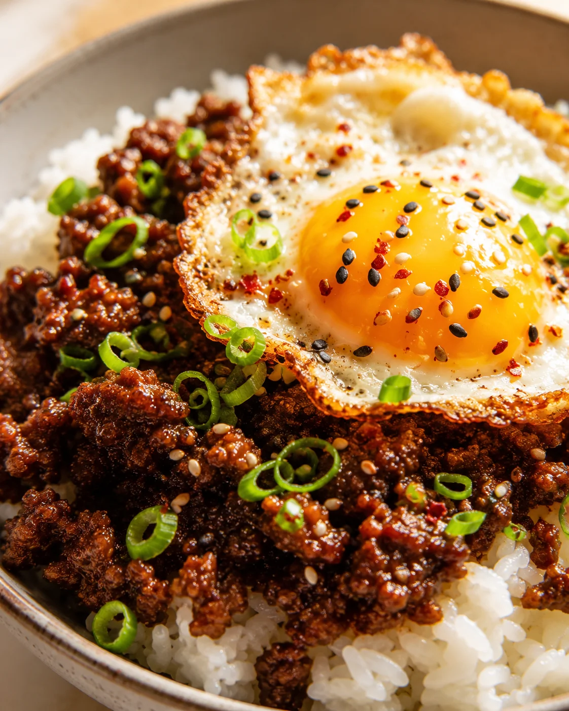 bowl of white rice topped with spicy ground beef, a sunny fried egg, sesame seeds, and green onions