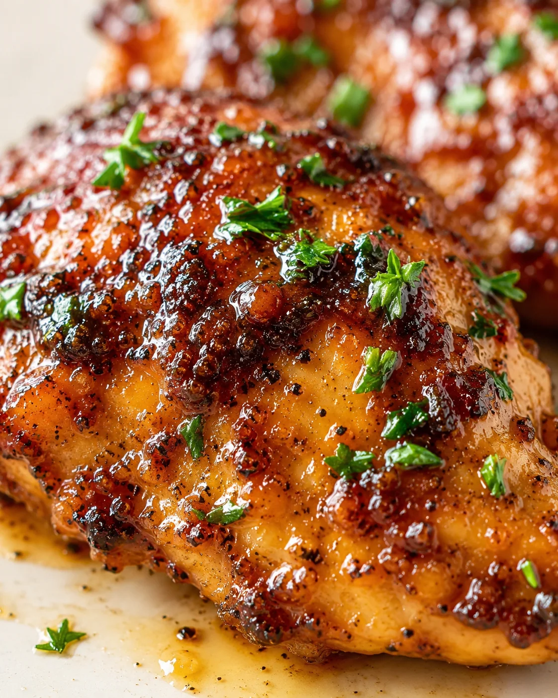 Close-up of crispy glazed chicken legs with fresh parsley garnish