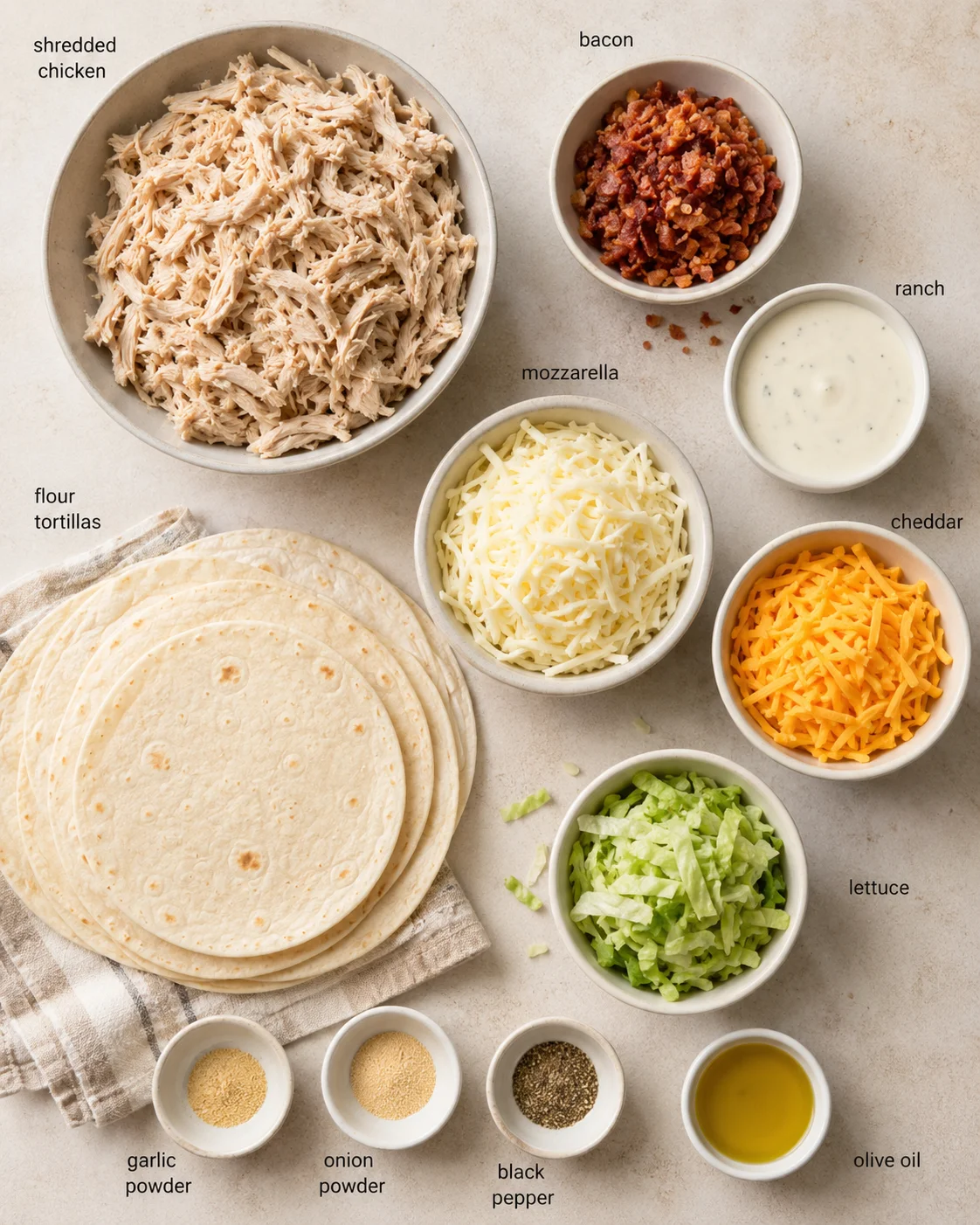 flat lay of taco ingredients with labeled bowls: shredded chicken, bacon, ranch, mozzarella, cheddar, lettuce, tortillas.