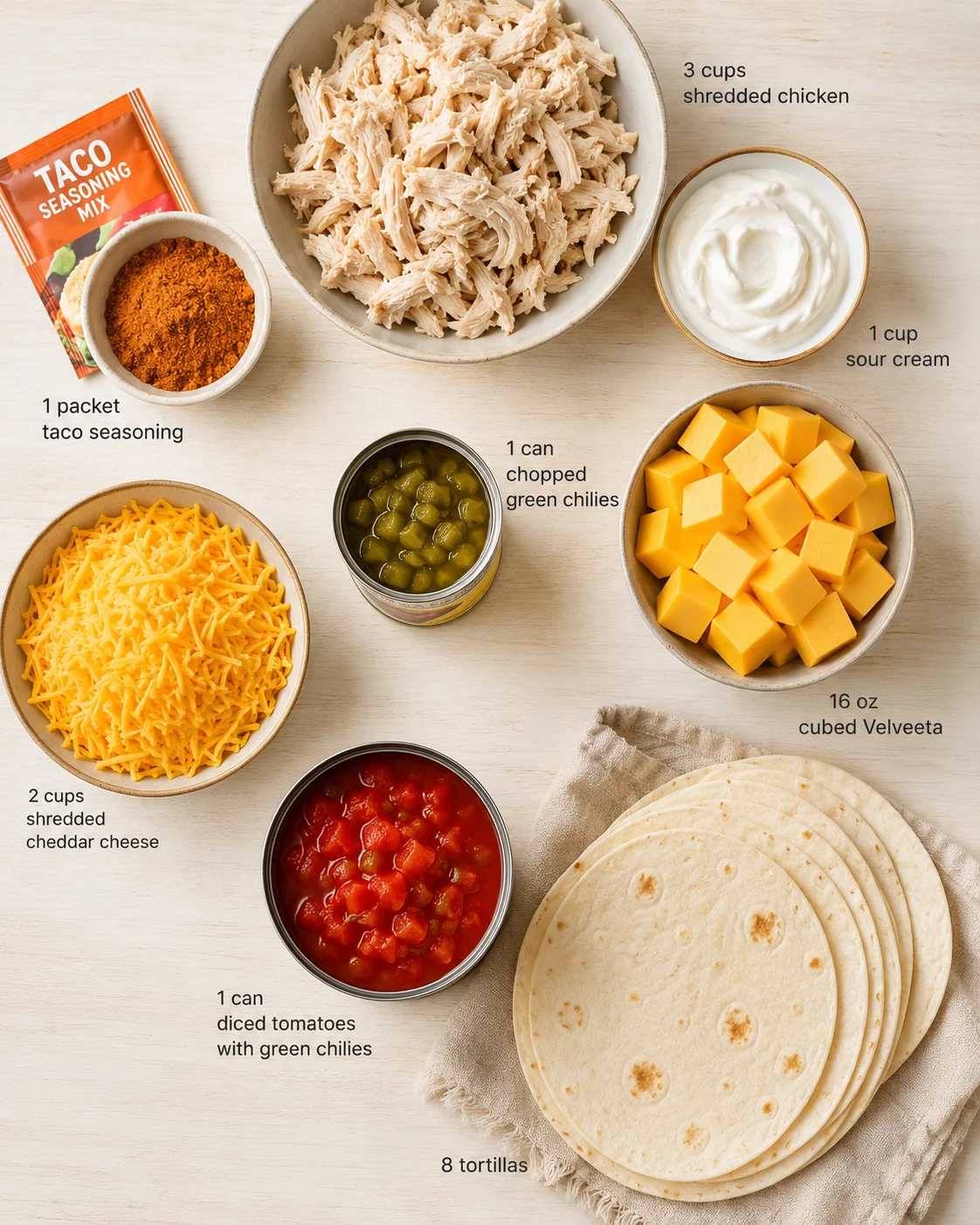 top-down view of taco ingredients laid out with bowls of chicken, cheese, sour cream, and tortillas