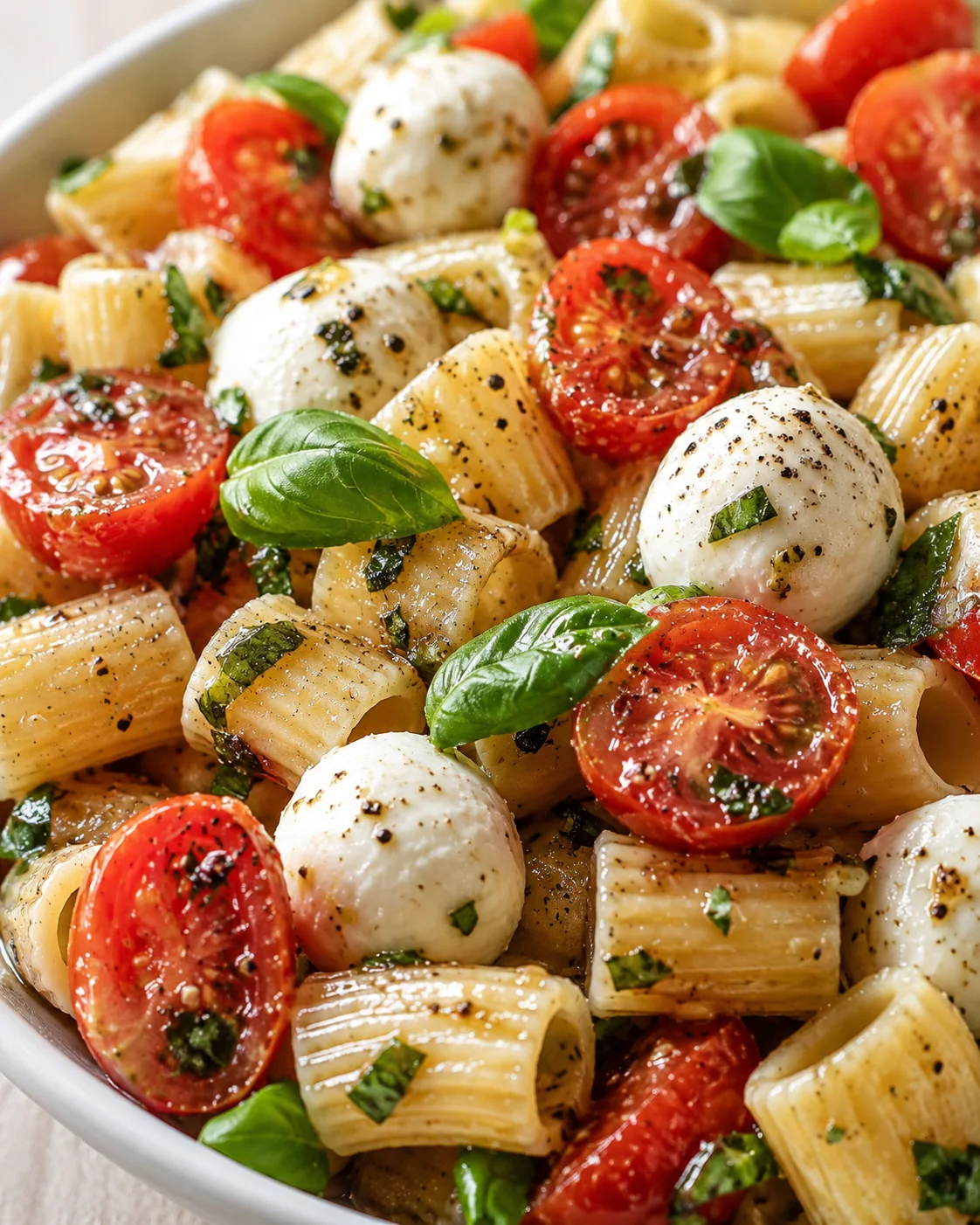 Pasta with cherry tomatoes, mozzarella balls, and fresh basil in olive oil.