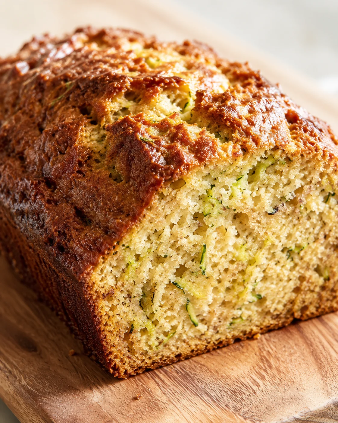 loaf of zucchini bread with green flecks on a wooden board, close-up.