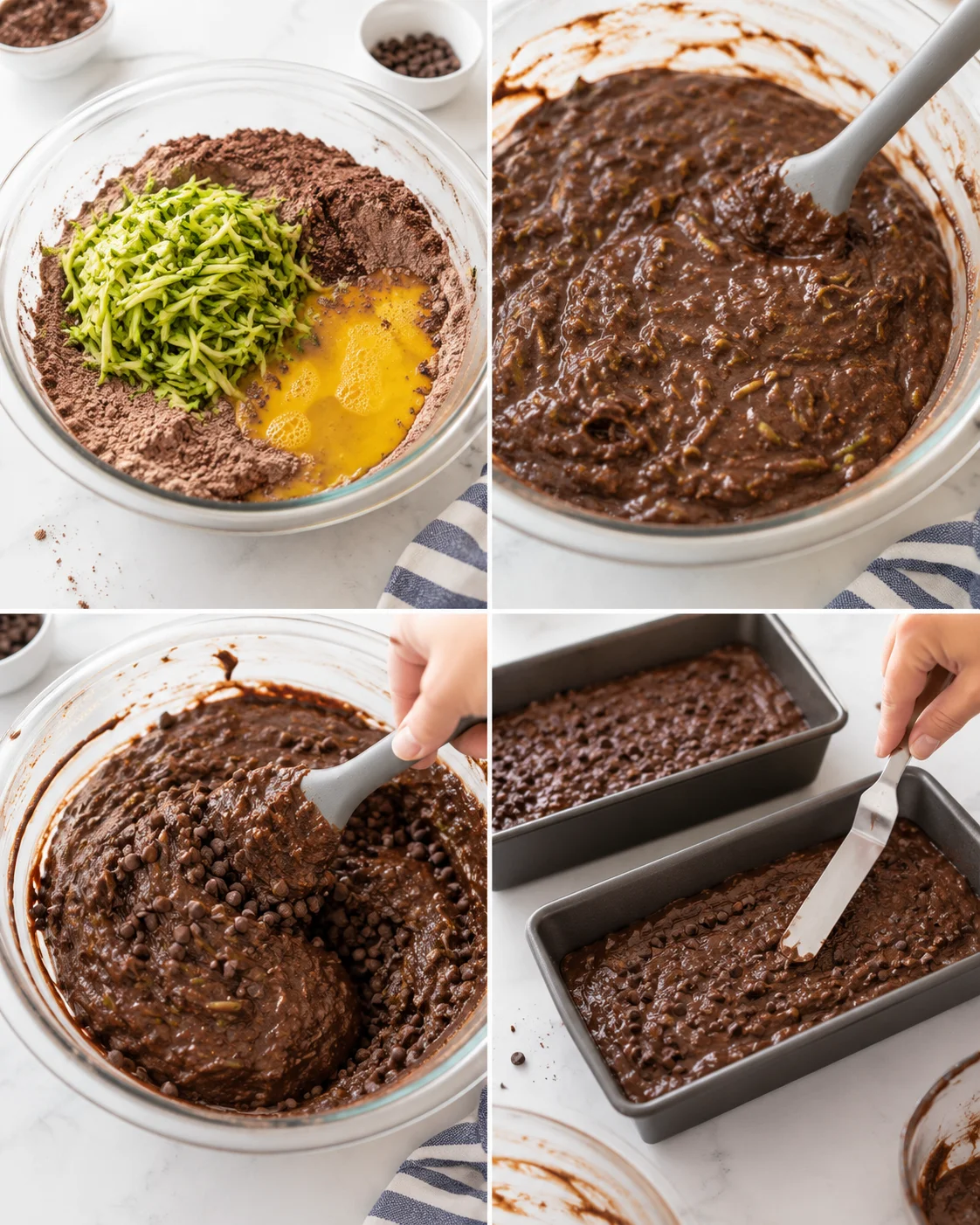 four-panel collage of zucchini chocolate batter being prepared: shredded zucchini, eggs, cocoa powder, thick batter, and loaf pans ready