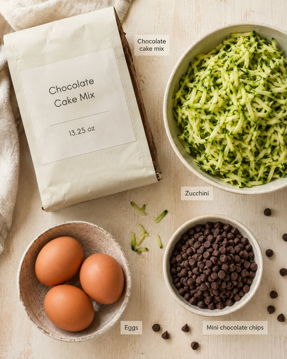 Flat-lay of a chocolate cake mix bag, shredded zucchini, eggs, and mini chocolate chips on a light wood surface.