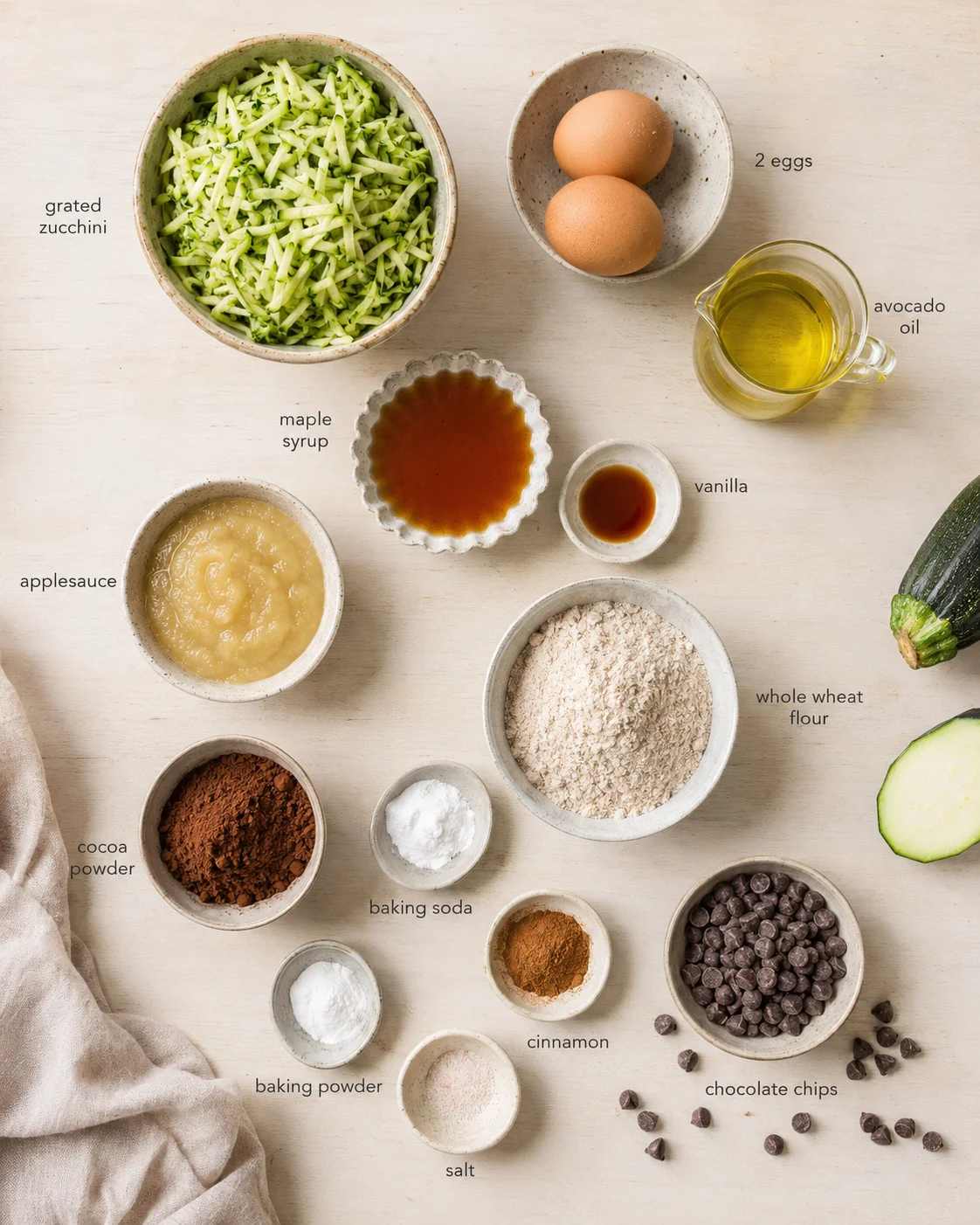 Flat lay of labeled bowls with grated zucchini, eggs, flour, chocolate chips, and sweeteners on a light wood surface