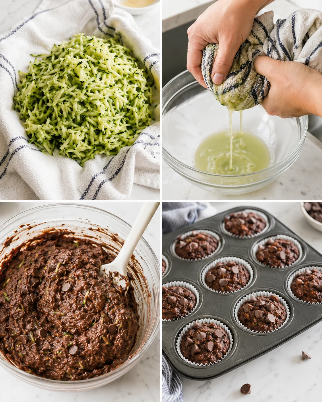 Collage showing shredded zucchini, wringing moisture, chocolate batter, and chocolate muffins in a tin.