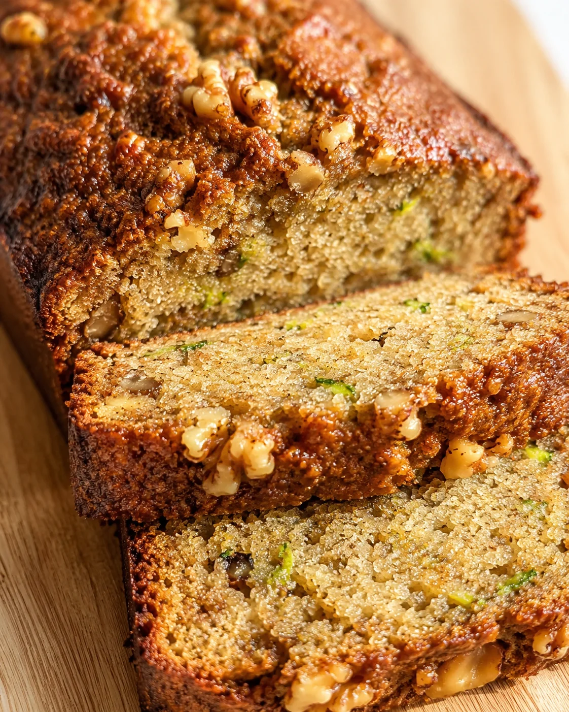 Close-up of sliced zucchini-walnut-banana bread with a golden crust and moist crumb.