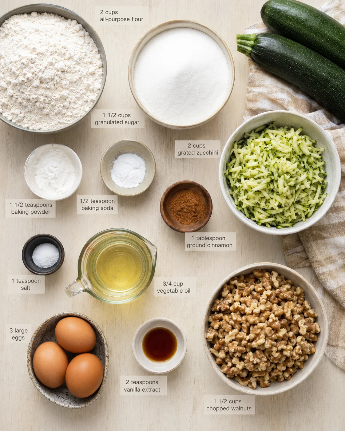 top-down view of baking ingredients labeled with measurements, including flour, sugar, zucchini, and walnuts