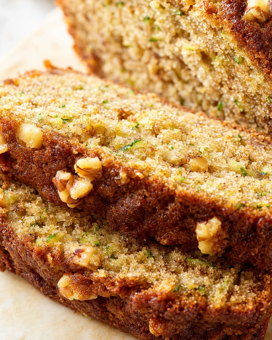 Close-up of sliced zucchini walnut bread with a sugar-crusted crust and visible walnuts