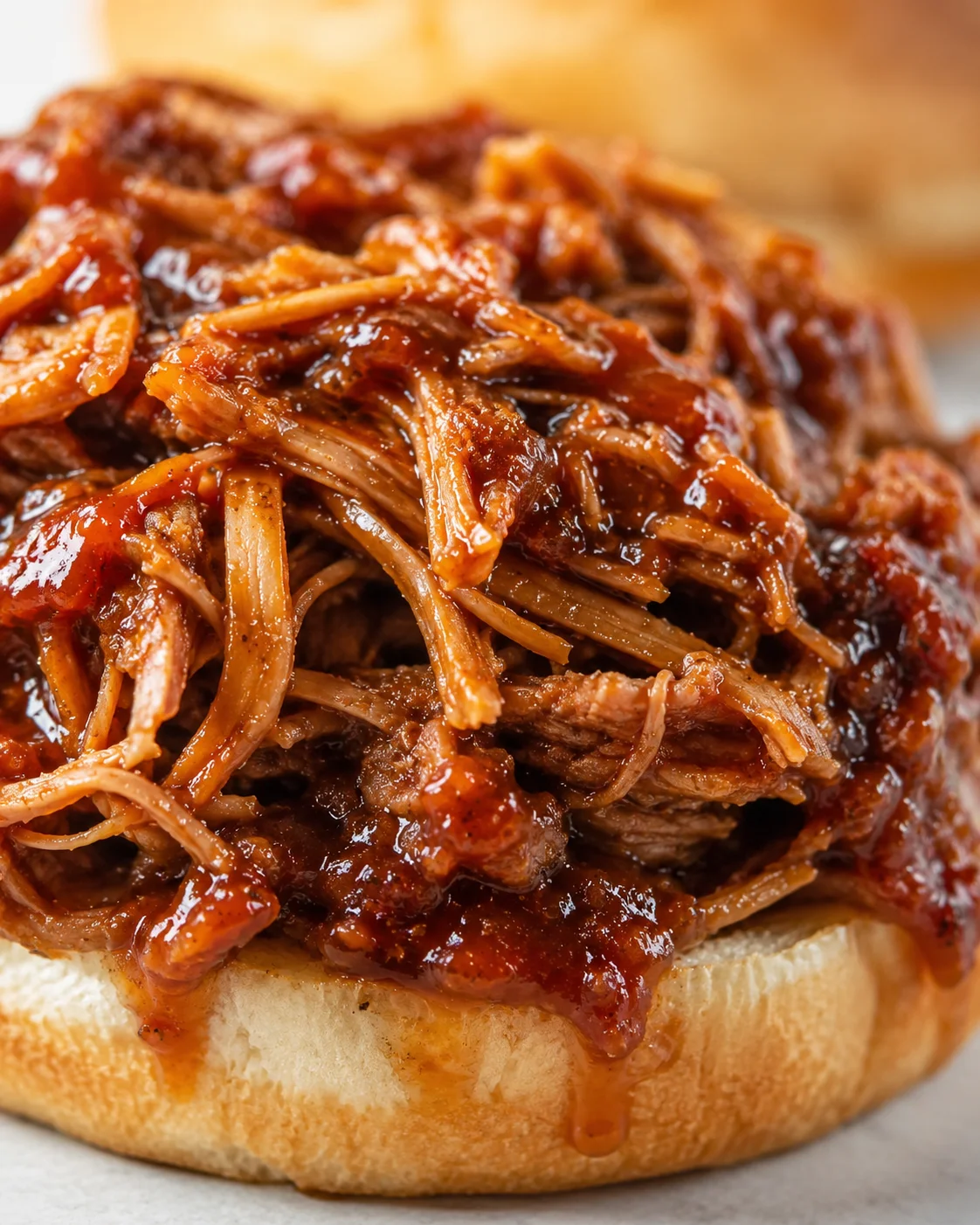 Close-up of glossy shredded barbecue pork piled on a toasted bun with sauce