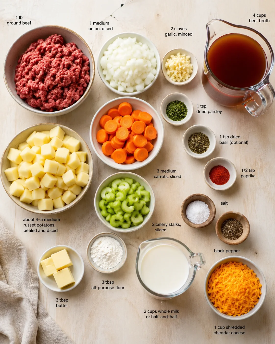 Overhead shot of bowls with ground beef, onions, carrots, potatoes, and broth labeled for beef stew.