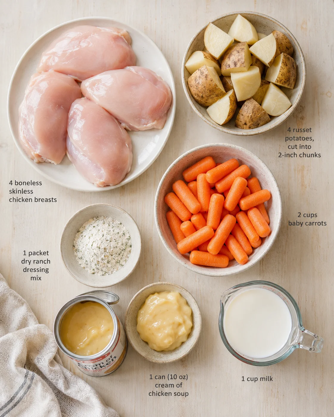 Raw chicken breasts, potato chunks, baby carrots, ranch mix, soup, and milk arranged on a light wooden surface.