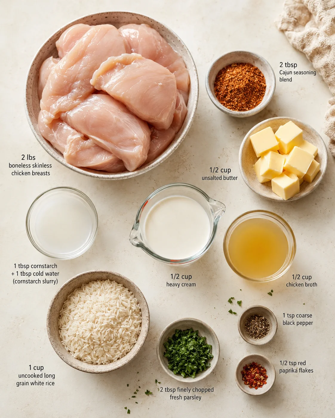 Raw chicken breasts with bowls of butter, cream, broth, rice, and spices on a light countertop.