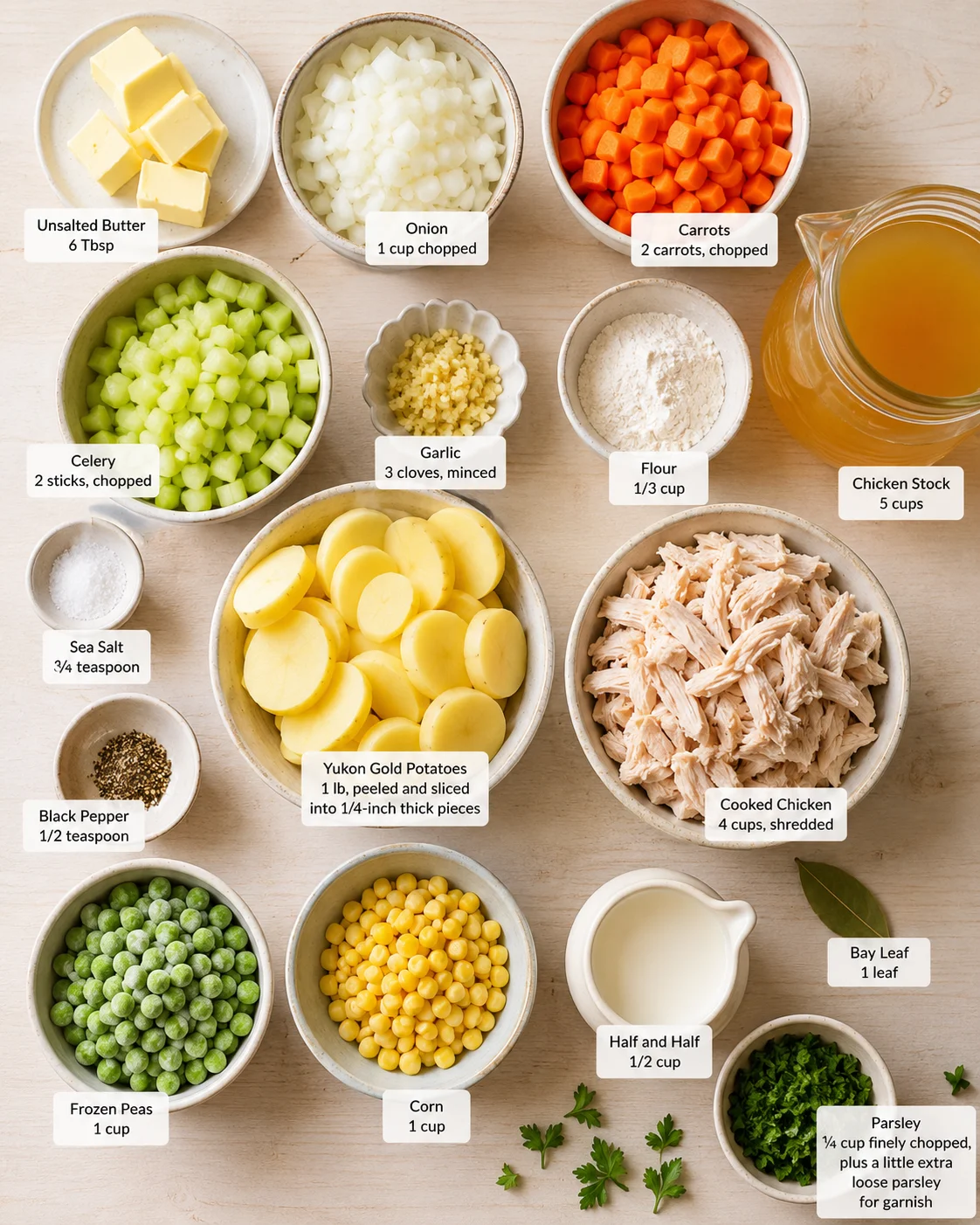 Top-down view of bowls with chicken soup ingredients arranged on a wooden table.