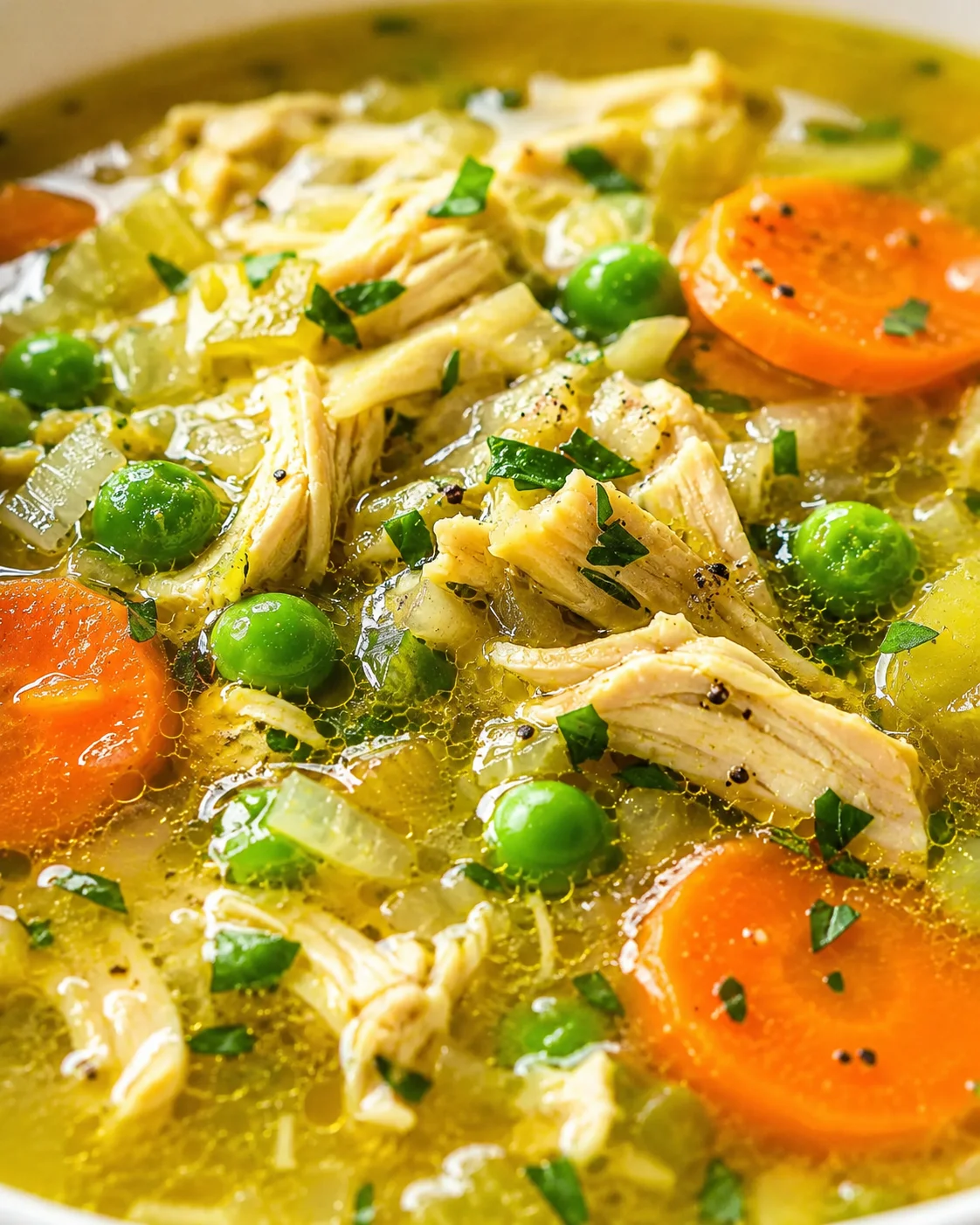close-up of a simmering chicken soup with shredded chicken, carrots, peas, onions, and chopped parsley in golden broth