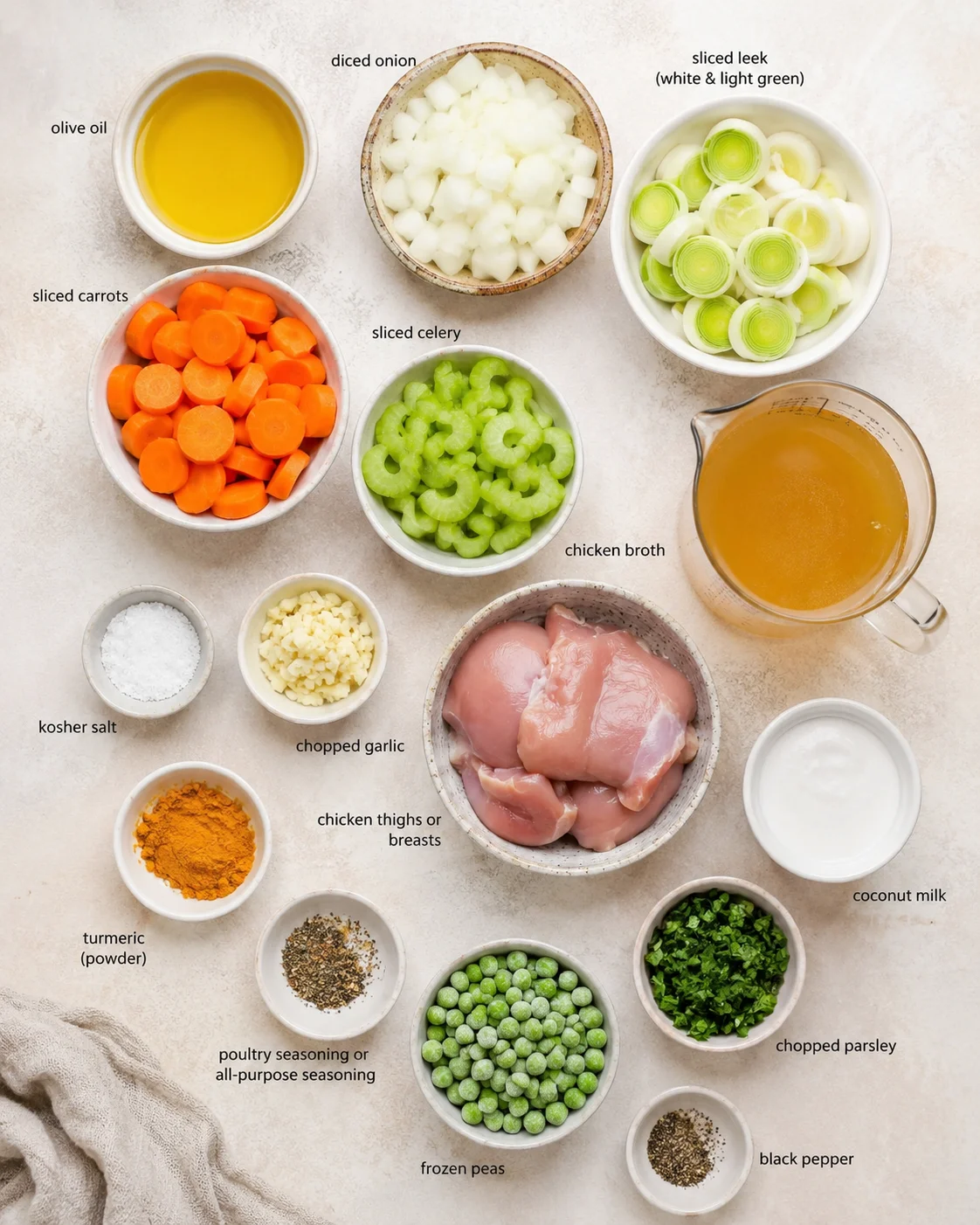 top-down flatlay of bowls with carrots, celery, onions, leeks, chicken, and spices
